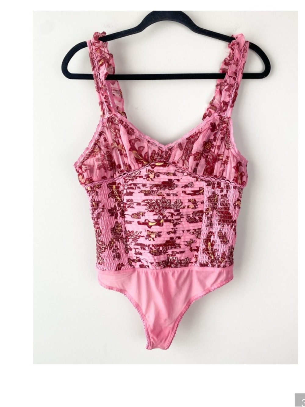 Free People Weekend Plans Floral Bodysuit S Pink Corset Ruffle‎ Smocked Coquette